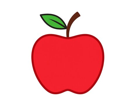 A vibrant, simple graphic featuring a red apple with a green leaf and brown stem, isolated against a plain white backdrop