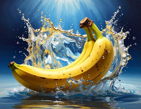 A vibrant image of ripe bananas, bursting from the water amidst dynamic splashes and spray, under bright, focused light