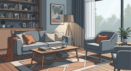 Fototapeta premium Cozy Living Room Interior with Comfortable Furniture and Natural Light.