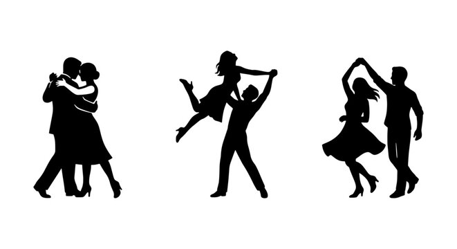 Ballroom dancing silhouettes set, elegant couple dancers performing tango and swing, black vector icons of romantic partners in motion