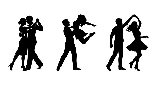 Dancing couple silhouettes vector set, ballroom dance partners in elegant poses, romantic salsa and swing dancers, black figures on white background