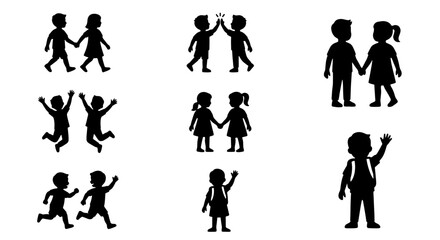 Fototapeta premium Children silhouettes collection, black vector icons of kids playing and walking, set of 8 school children figures for educational design