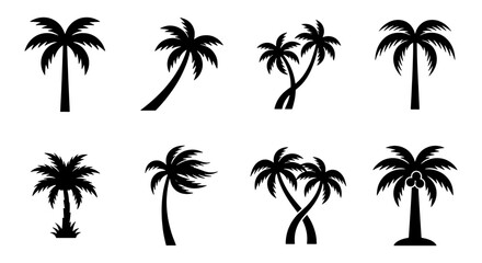 Naklejka premium Tropical palm tree silhouettes, set of 8 black coconut tree icons, minimalist exotic plant vector elements for summer travel and beach vacation branding