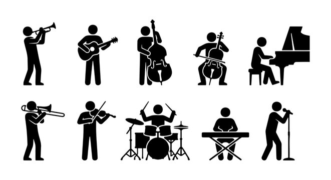 Musical instrument stick figures, 10 black icons of musicians playing instruments, orchestra and band performer silhouettes, music concert vector set