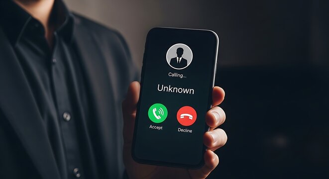 Man holding smartphone with unknown caller on screen phone call hand