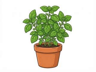 Obraz premium Fresh Green Basil Plant in Terracotta Pot for Culinary and Aromatic Usage