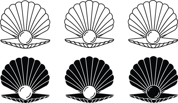Scallop shell with pearl vector illustration set, seashell icons in line art and black silhouette style isolated on white background for design.