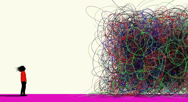 Confused person, colorful scribbles, abstract concept, mental chaos