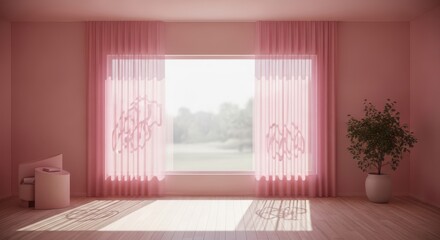 Fototapeta premium Serene bedroom with elegant pink curtains and natural light streaming in