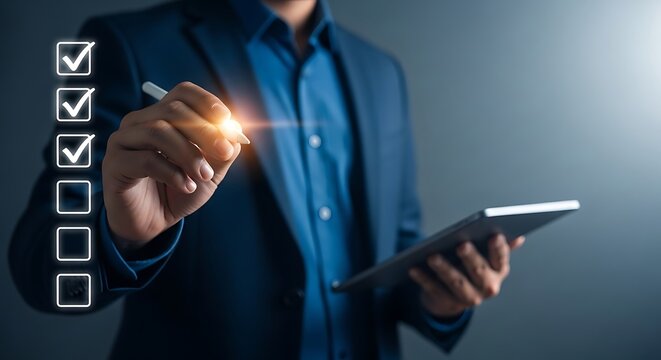Man in blue suit checking boxes on digital checklist with glowing pen blue shirt