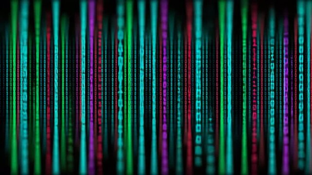 ネオンのコードが縦に流れる未来的なデジタル背景素材