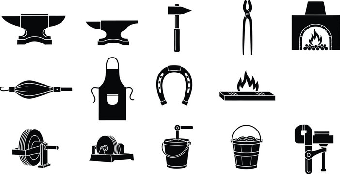 A collection of black icons representing traditional blacksmithing tools and metalworking equipment