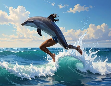 Surreal image depicts a hybrid form leaping from a wave. The figure is half-human with legs and half-dolphin. Sunny skies and ocean backdrop
