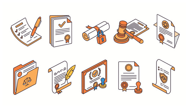 Document Icons Set with Legal Paperwork Certification and Justice Symbols Isometric