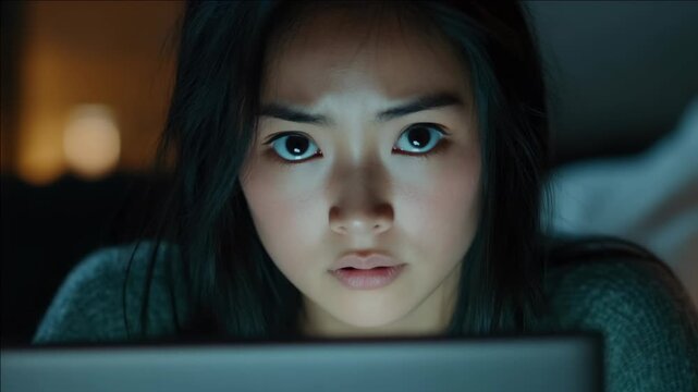 Asian woman looking at her laptop screen with a concerned expression, possibly facing cybersecurity issues or troubleshooting technical difficulties.