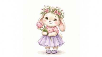 Fototapeta premium Cute Bunny Girl Illustration Wearing Floral Crown and Lavender Dress