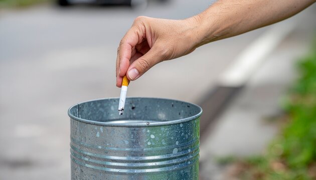 Hand dropping a lit cigarette into a small metal bin outdoors no tobacco day