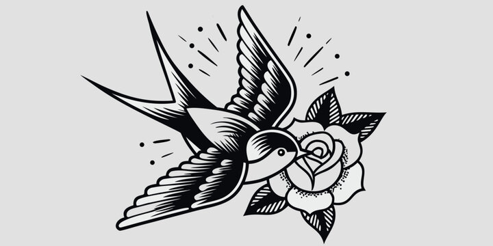 Traditional swallow tattoo design with a blooming rose and scattered dots