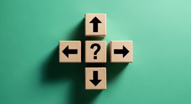 Choice Concept Wooden Blocks with Directional Arrows and Question Mark Indecision Making Strategy Decide Options Crossroads Direction Choosing Way