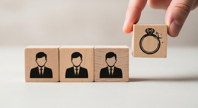 Choosing Life Partner from Group. Person Selecting Ring from Wooden Blocks with Businessmen Symbols. Family Relationship Concept. Success in Love. Matching