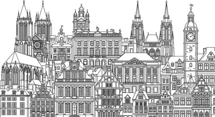Obraz premium Detailed architectural drawing showcasing a cityscape with various building styles.