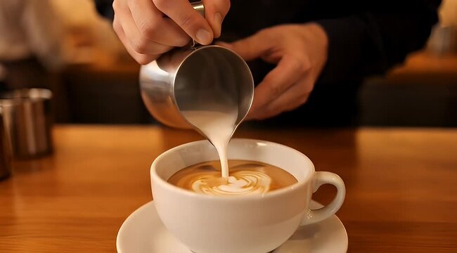 Pouring fresh milk into a cappuccino cup, creating latte art patterns