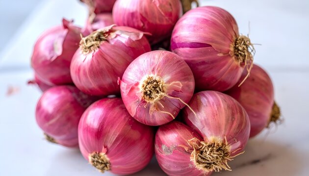 A close-up pile of vibrant red onions with papery skins and fibrous roots, showcasing their fresh