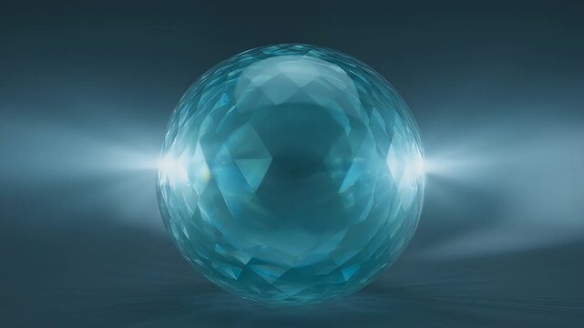 Glistening blue gem orb with facets and light on a dim background
