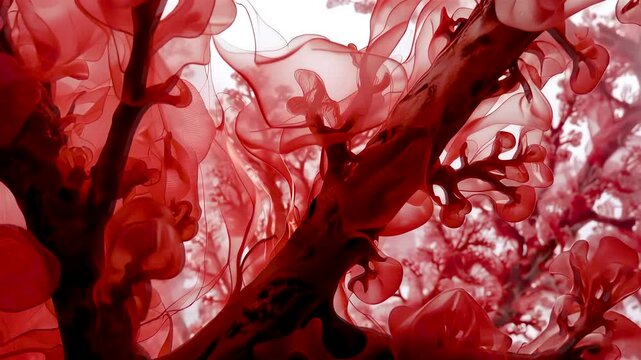 Swirling red liquid ink dispersing through clear fluid creating flowing organic shapes with soft gradients and dynamic motion in an abstract composition