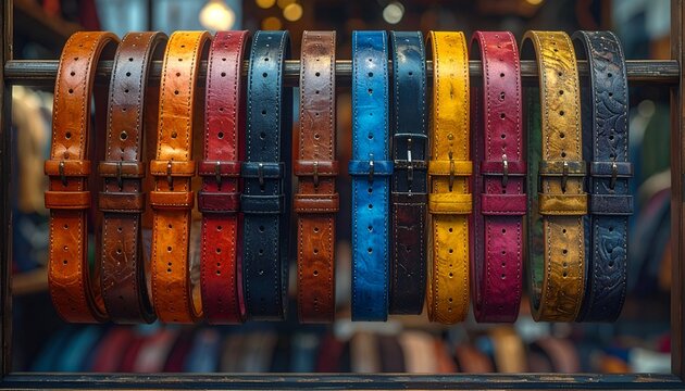A vibrant collection of genuine leather belts in diverse colors and embossed patterns hang neatly