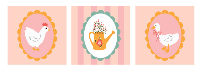 Cute Cottagecore Cards Set with Goose Chicken and Floral Watering Can Vintage Printable Greeting Cards © Helga KOV