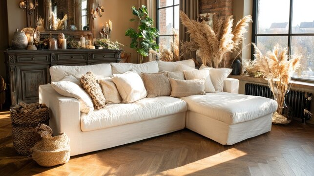 Cozy living room interior with a white sectional sofa natural light and decor