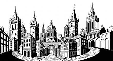 Obraz premium Detailed Black and White Illustration of a Grand Cityscape with Towering Structures.