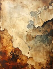 Obraz premium Textured artwork of distressed paper, showing peeling edges, aged colors, and intricate crack patterns, suggestive of decay and history