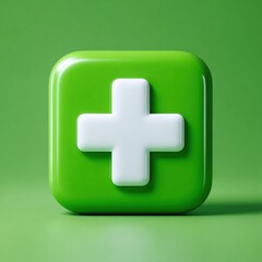 Obraz premium Clean white cross icon appears on a bright green square background. The design is hyperrealistic and focused on medical safety.