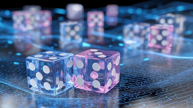 Transparent dice in blue and pink colors with white dots on a digital background featuring glowing lines and binary code patterns