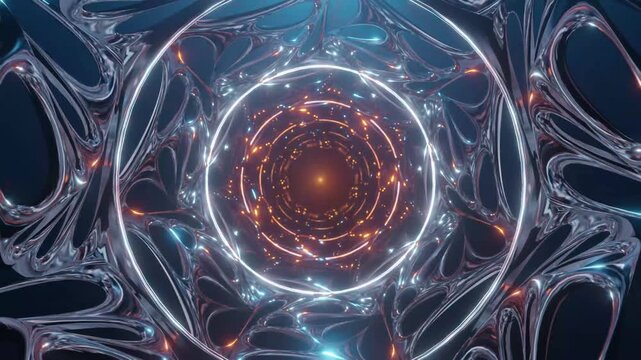 Abstract digital tunnel pulses with fiery orange and cool blue light