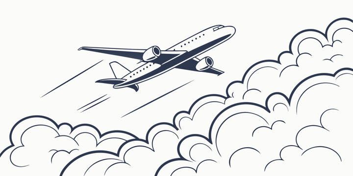 Airplane flying through clouds in the sky with motion lines