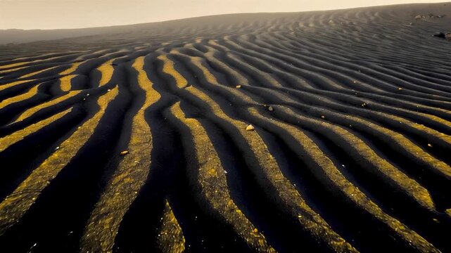 Golden sand dunes with strong ripple patterns casting long shadows under low sunlight creating a dramatic desert landscape with textured surface detail