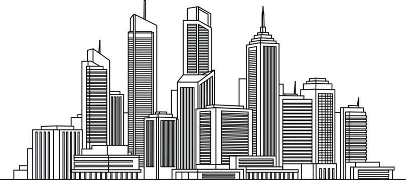 Modern minimalist city skyline line art vector with geometric skyscrapers and urban architecture icons isolated on whiteModern minimalist city skyline line art vector with geometric skyscrapers and ur