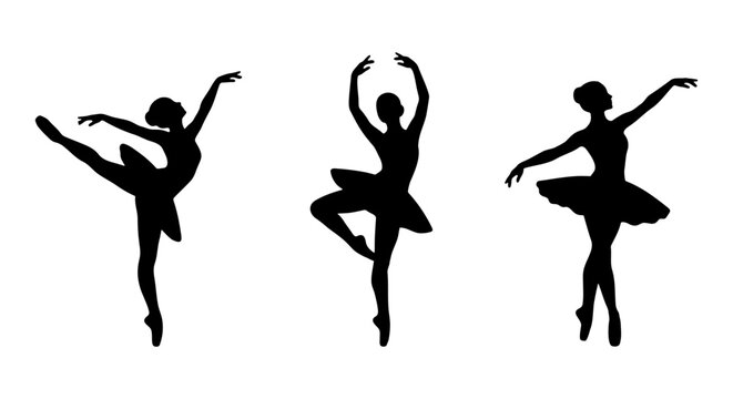 Graceful ballerina silhouettes in various dance poses, elegant ballet dancer vector set, black female performer figures on white background