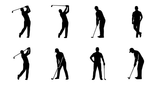 Professional golf player silhouettes set, male golfer swinging club and putting, 8 black vector icons of athletes in sports poses on white background