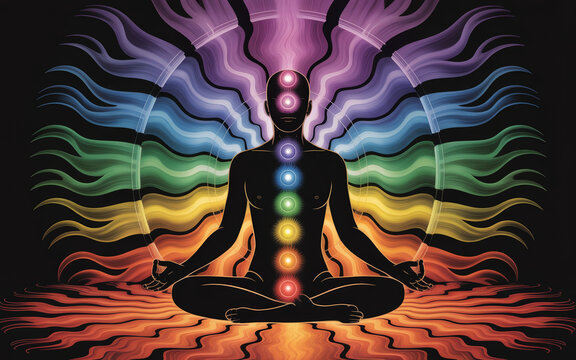 mystical yoga meditation poster with glowing chakra energy points on human silhouette, spiritual healing concept design