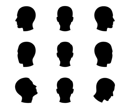 Human head silhouette icons, set of 9 male profile and front view portraits, black man head vector shapes for medical and psychology design