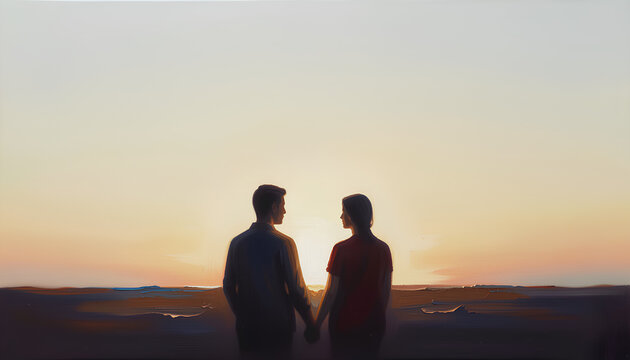 Glowing horizon backdrop to two silhouetted figures in lower third painted in oil on smooth linen using grisaille and warm glazing layers