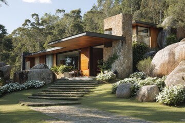 Fototapeta premium A contemporary house design harmoniously integrated into a natural landscape, featuring impressive large rocks and vibrant garden flowers adorning the entrance