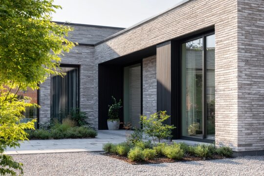 A contemporary house featuring striking brick walls and expansive windows stands proudly in a residential neighborhood, bathed in the warm light of daytime