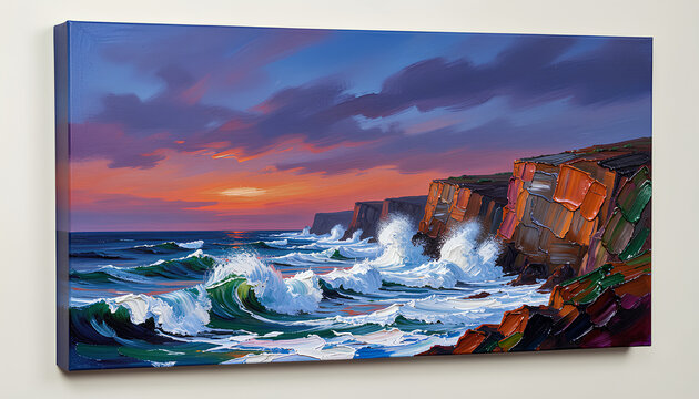 Horizontal 40x30 oil study The Coastal Cliffs at Dusk with impasto cliffs in right third broken-color water and softly blended dusk clouds