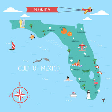 Fun illustrated map of Florida, featuring cities, animals, ships, people and many other icons. Cute travel print