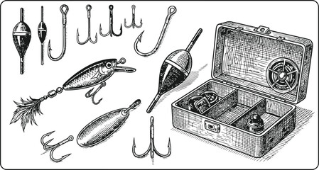 Fishing Tackle Assortment: Lures Hooks Floats and Tackle Box Laid Out for Angler's Preparation Vintage Illustration Style © Ishtiaq